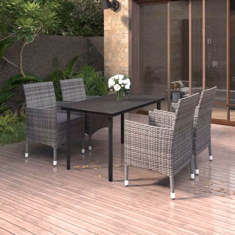 Set da pranzo da giardino vidaXL in polyrattan con tavolo in vetro e 5 sedie con cuscini, grigio e nero
