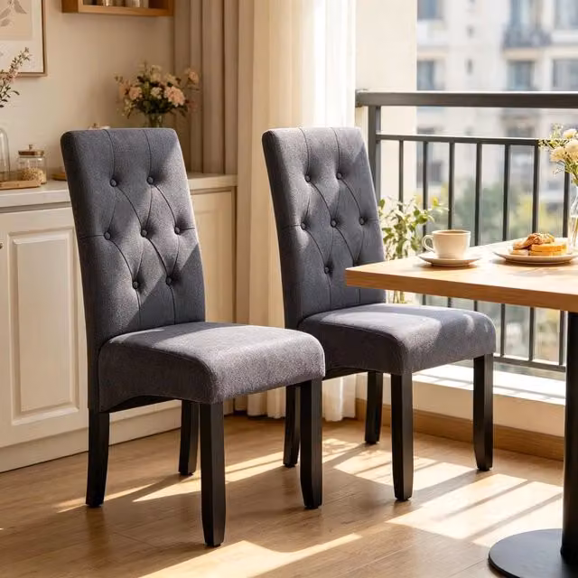 Set di 2 sedie da pranzo moderne WISHDOR in tessuto grigio con gambe in legno laccato L/P/H: 48 x 42 x 107 cm