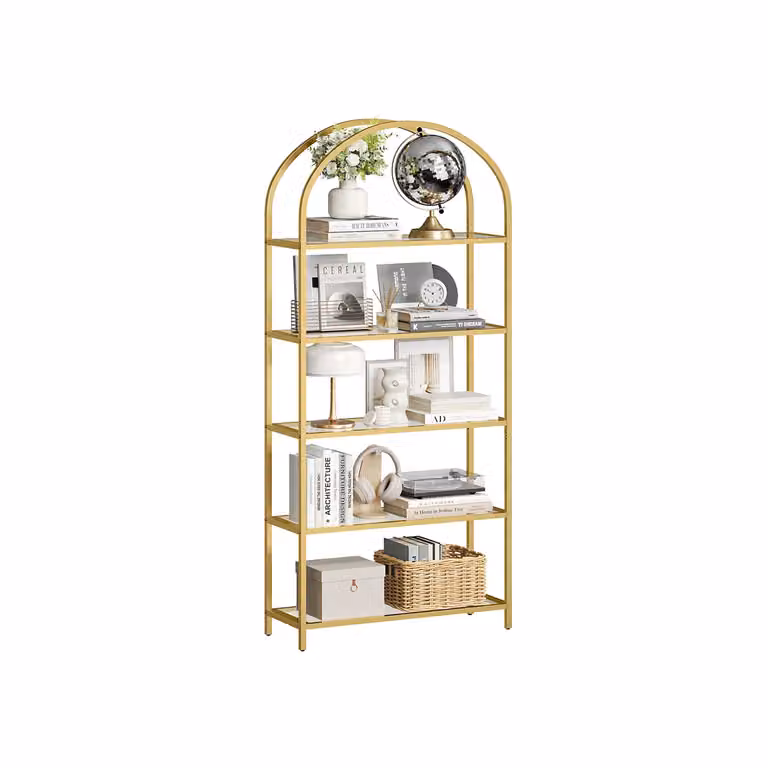 Scaffale Portaoggetti a 5 Ripiani Nero e Grigio, Dorato + Trasparente / 30,2 x 83 x 183,5 cm