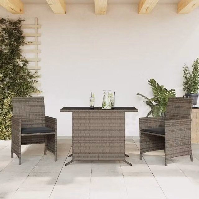 Set da Bistrò vidaXL in Polyrattan Grigio con Piano in Vetro e 3 Sedie con Cuscini