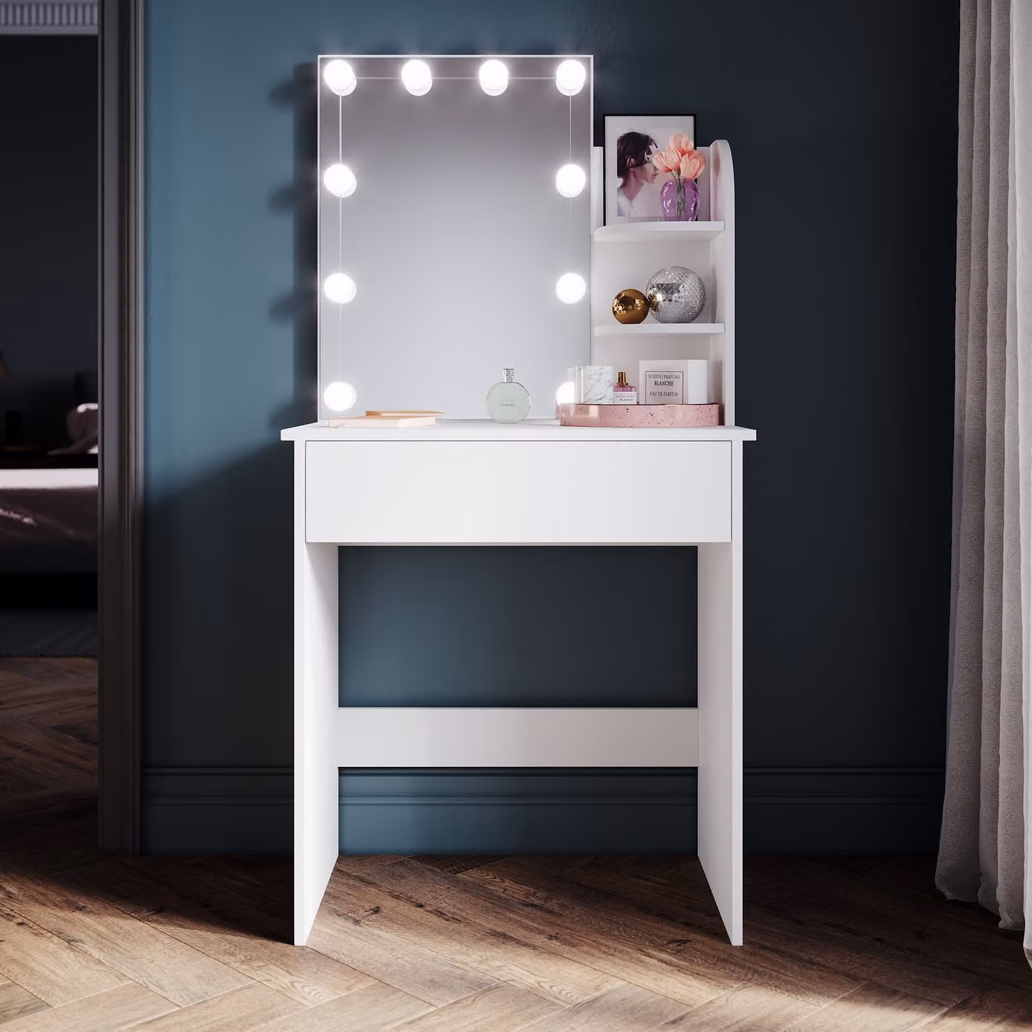 SONNI cassettiera bianca 70x40x140cm Cassettiera a luce LED con luminosità regolabile con specchio e cassetto