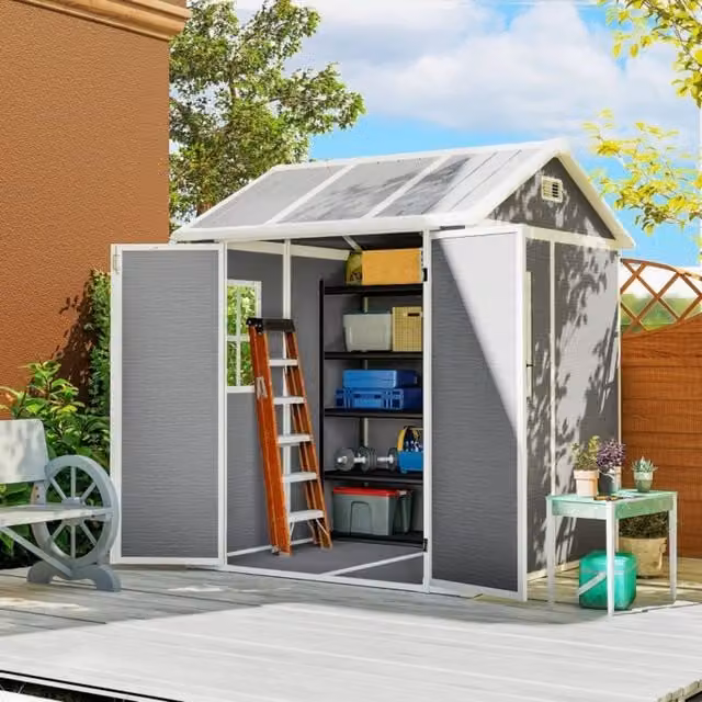 Casetta da giardino MODFU in plastica grigia con doppia porta, finestra, pavimento e serratura, L/P/H: 181 x 181 x 220 cm