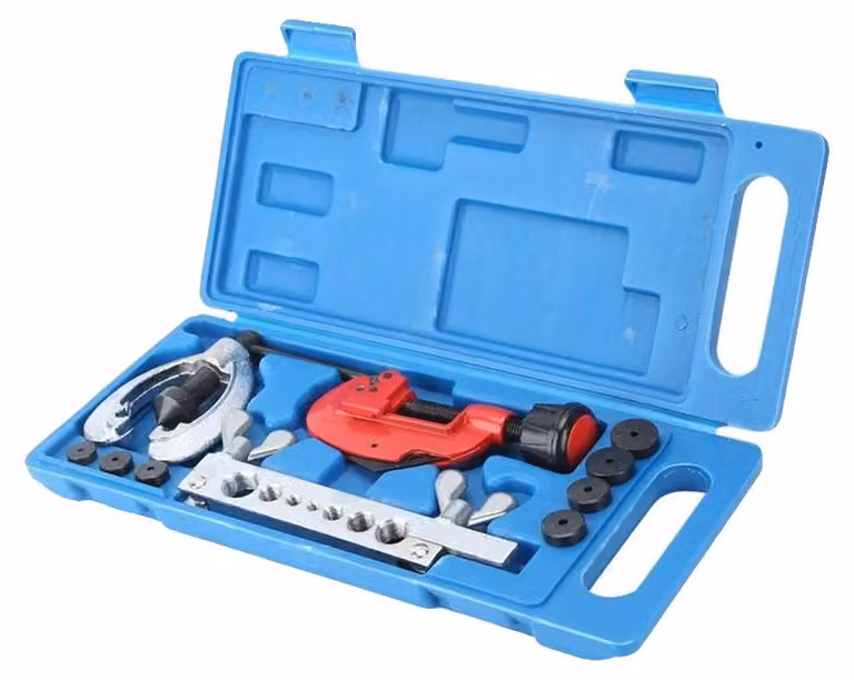 Strumento per la riduzione dei tubi dei freni, materiale: acciaio, adattatore per tubo: 5/8 pollici - 1/2 pollici, capacità delle ganasce per tubi: 3 - 30 mm, spessore della parete del tubo: 1 mm, set completo di utensili incluso
