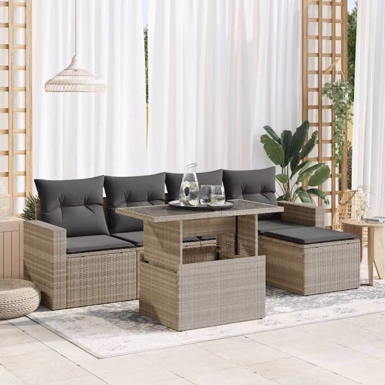 Set Divano da Giardino vidaXL 6pz con Cuscini in Polyrattan Grigio Chiaro