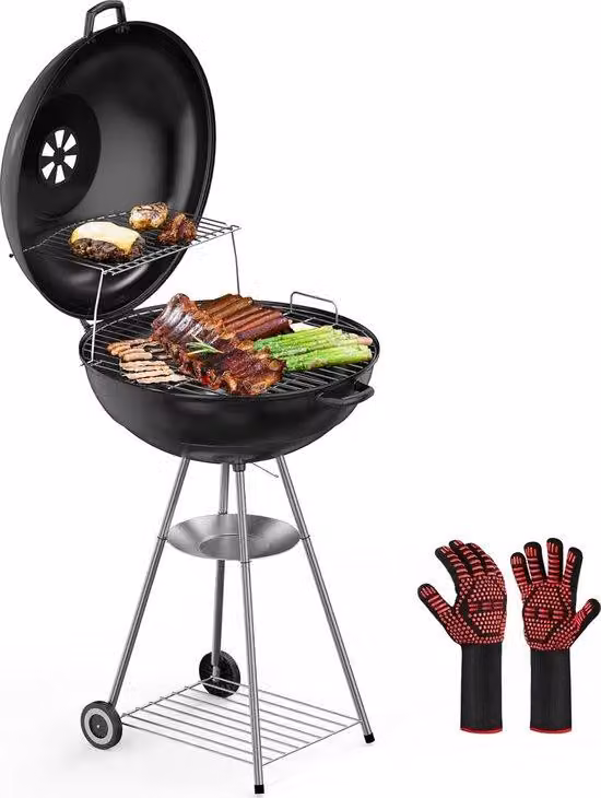 Griglia per barbecue a carbone Famanu con coperchio, 57 cm, dotata di griglia di alta qualità e guanti protettivi – ideale per 4-8 persone