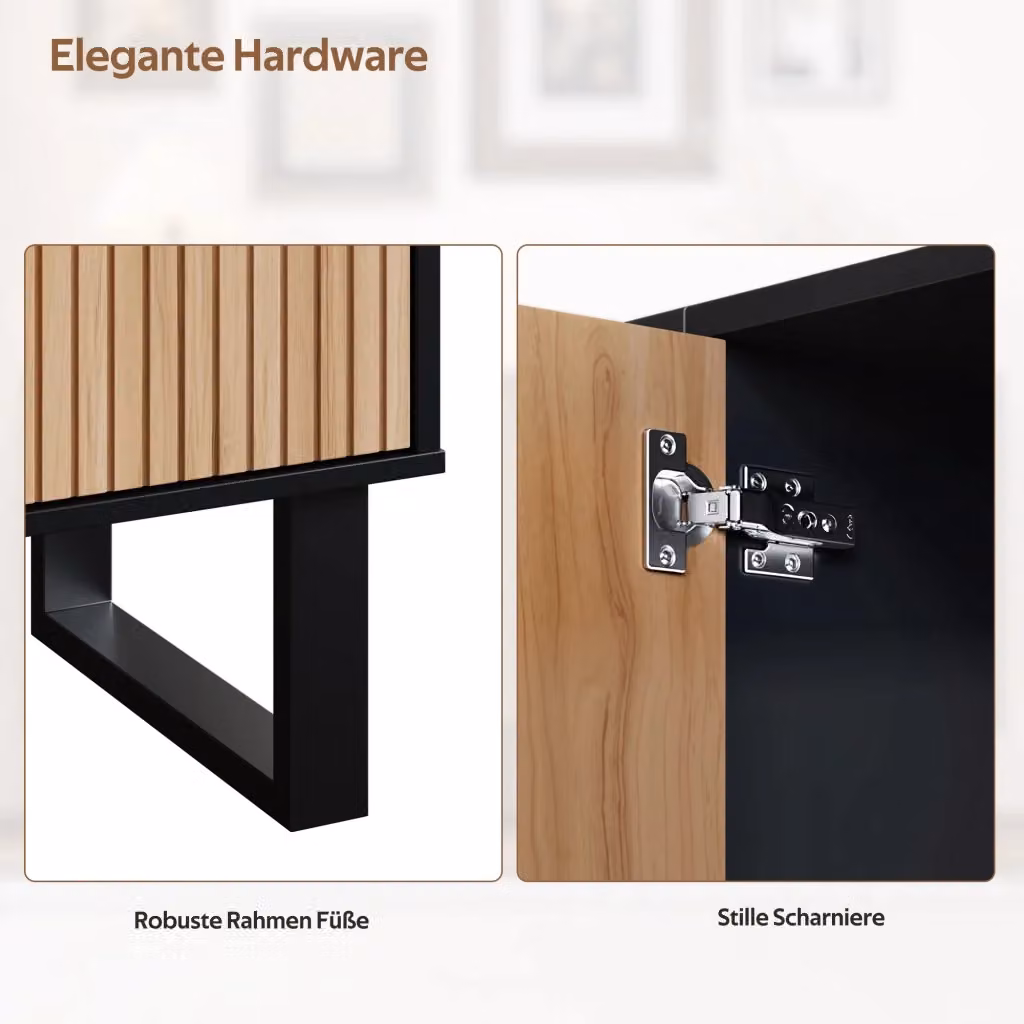 Madia REDOM in MDF e metallo, design minimalista a righe, colore nero e marrone, L: 160 cm, P: 38 cm, H: 75 cm – 2