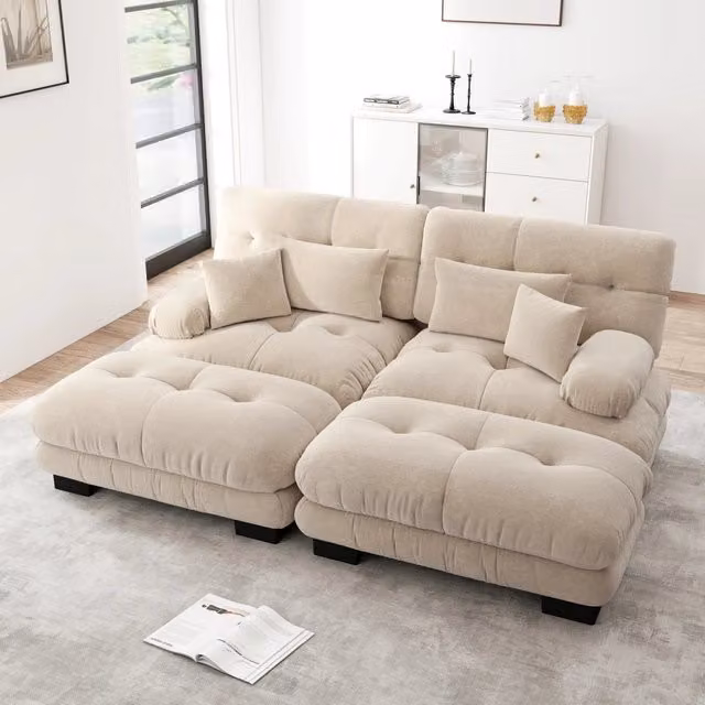 Divano angolare in ciniglia 2 posti con pouf, 220x145x81 cm, marrone chiaro, include cuscini lombari e decorativi