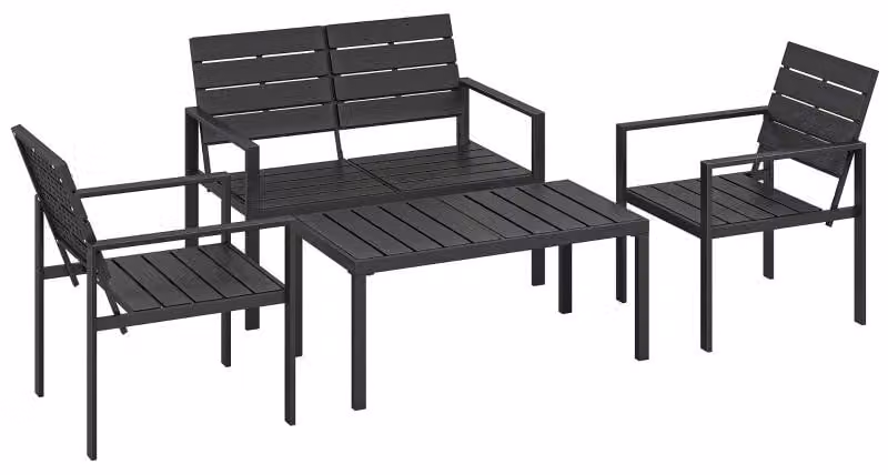 Set di mobili da giardino Set di sedute per 4 persone Salotto da giardino con divano a 2 posti, 2 poltrone, tavolino, design a lamelle, nero