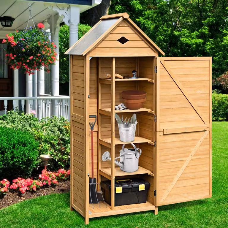 Casetta da giardino in legno Goplus, casetta per attrezzi, armadio per attrezzi, armadio da giardino, casetta da giardino, marrone chiaro, 70 x 35,5 x 176 cm