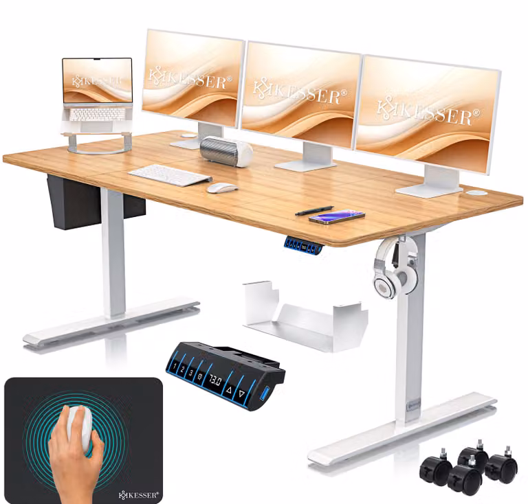 Scrivania regolabile in altezza KESSER® elettrica | Scrivania ergonomica da standing desk | Sistema di controllo con memoria a 3 funzioni | Include rotelle a 360° e porta USB | Scrivania per computer, ideale per l'ufficio domestico