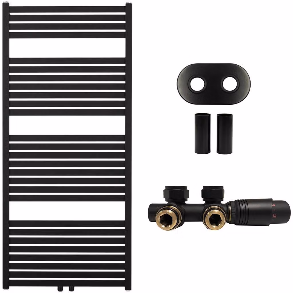 Kit radiatore per bagno Vincenzo - riscaldamento centralizzato - attacco centrale da 50 mm - 600W - nero opaco - 1340x600 mm