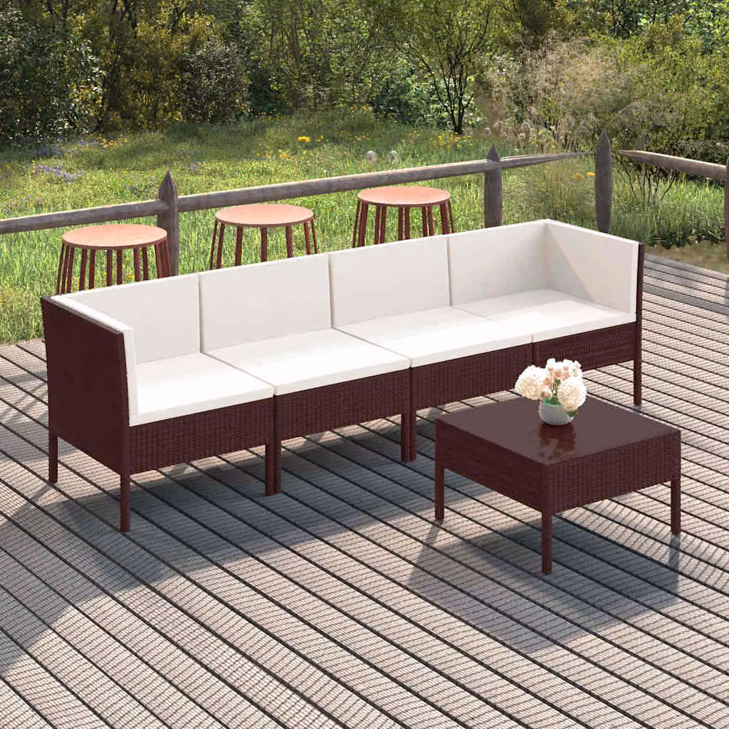 Set Divani da Giardino vidaXL 5 Pezzi con Cuscini, Design Moderno a L in Polyrattan Marrone e Bianco con Struttura in Acciaio Verniciato a Polvere