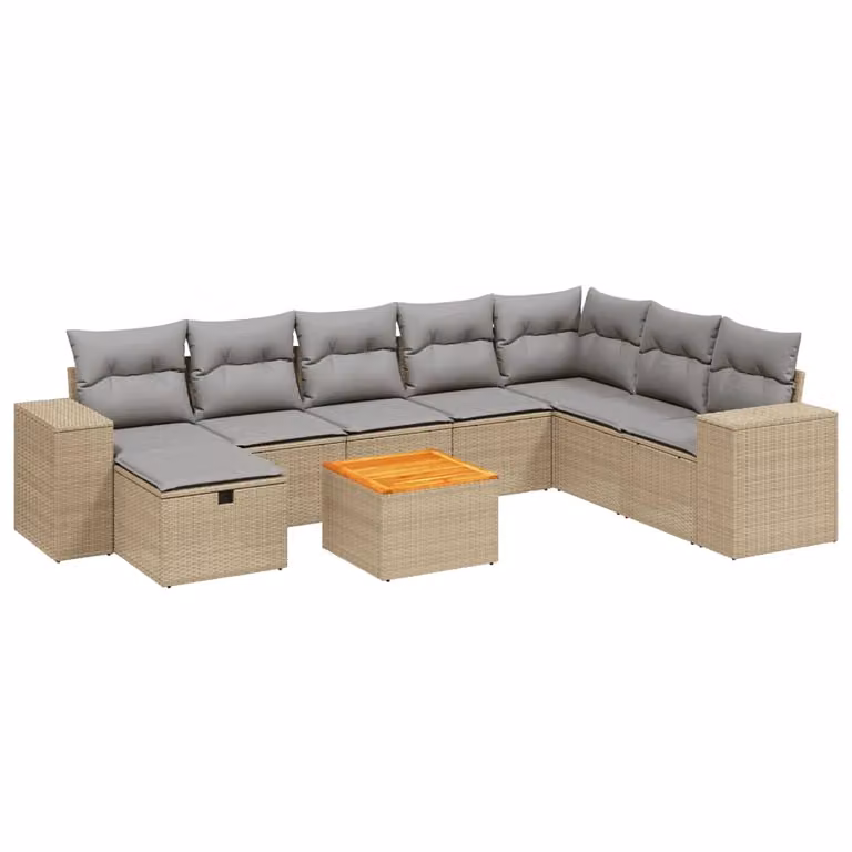 Set Divano da Giardino 9 pz con Cuscini Beige Misto Polyrattan