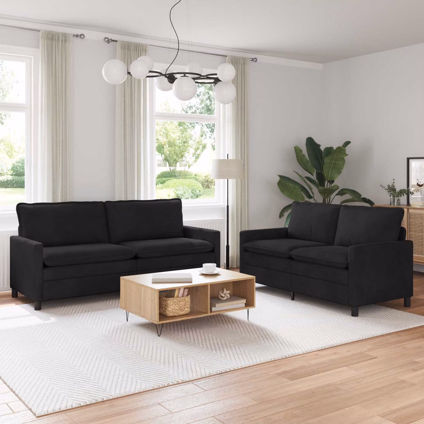 Set di 2 divani moderni vidaXL in velluto nero con cuscini e coperture rimovibili