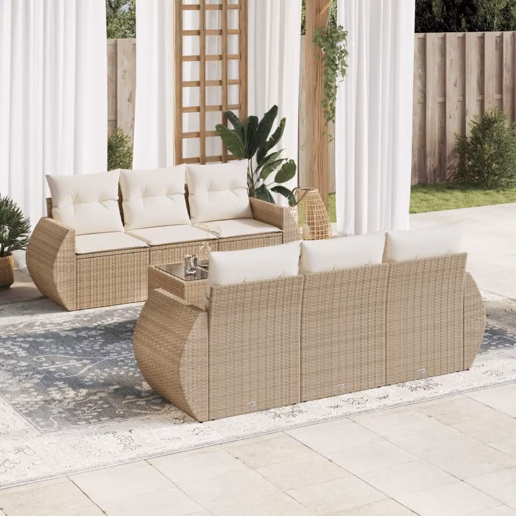 Set di divani da giardino vidaXL 7 pezzi con cuscini beige in rattan e struttura in metallo per esterno – 1