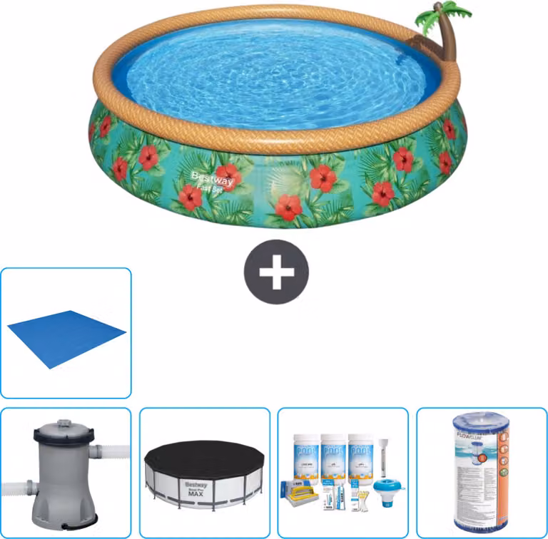 Bestway piscina gonfiabile rotonda fast set - Paradise Print - 457 x 84 cm - inclusa copertura della pompa - pacchetto manutenzione - filtro - copertura del terreno