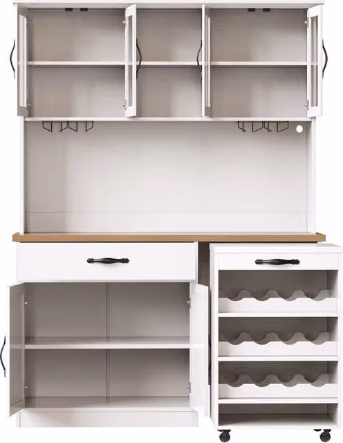 Mobile cucina in MDF 140 cm con armadio alto, illuminazione LED dimmerabile, portabicchieri e cantinetta per 9 bottiglie