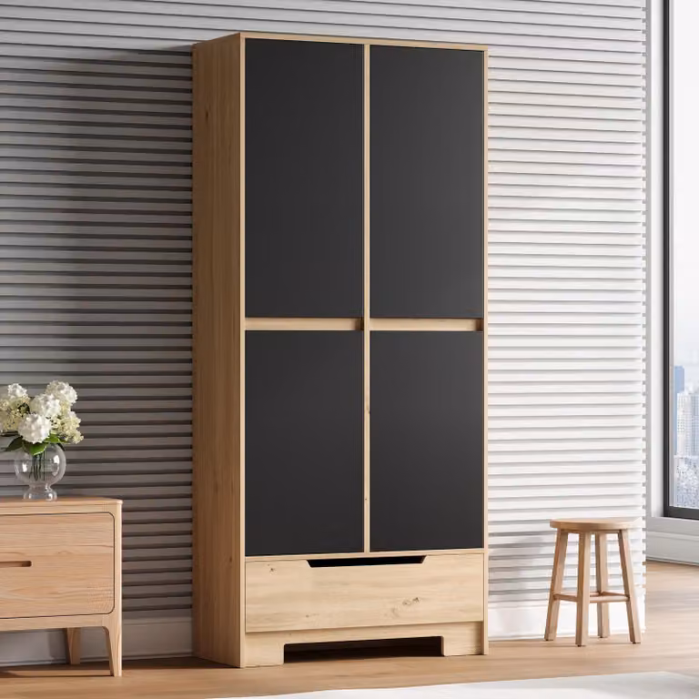 Armadio da cucina Flieks con cassetto e ante, dispensa con ripiani, mobile alto con vani a giorno e spazio contenitivo, dimensioni 80x35x180 cm, colore nero e effetto legno naturale, materiali: MDF e pannello di fibra a media densità