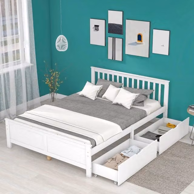 Letto matrimoniale 140 × 200 cm con 2 cassetti contenitore, senza materasso, in legno massello e MDF, bianco