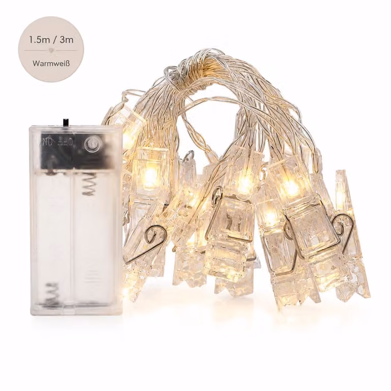Foto LED a batteria, con clip, luci fiabesche bianco caldo, E0206 1,5m