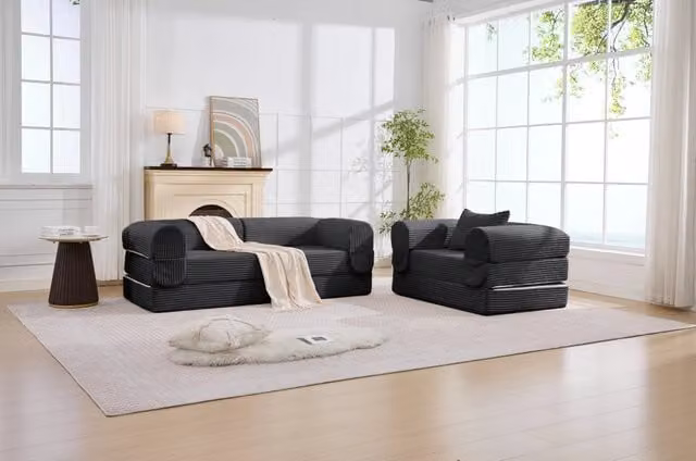 Divano modulare Mivray in tessuto a coste grigio con rivestimenti sfoderabili per soggiorno e camera da letto