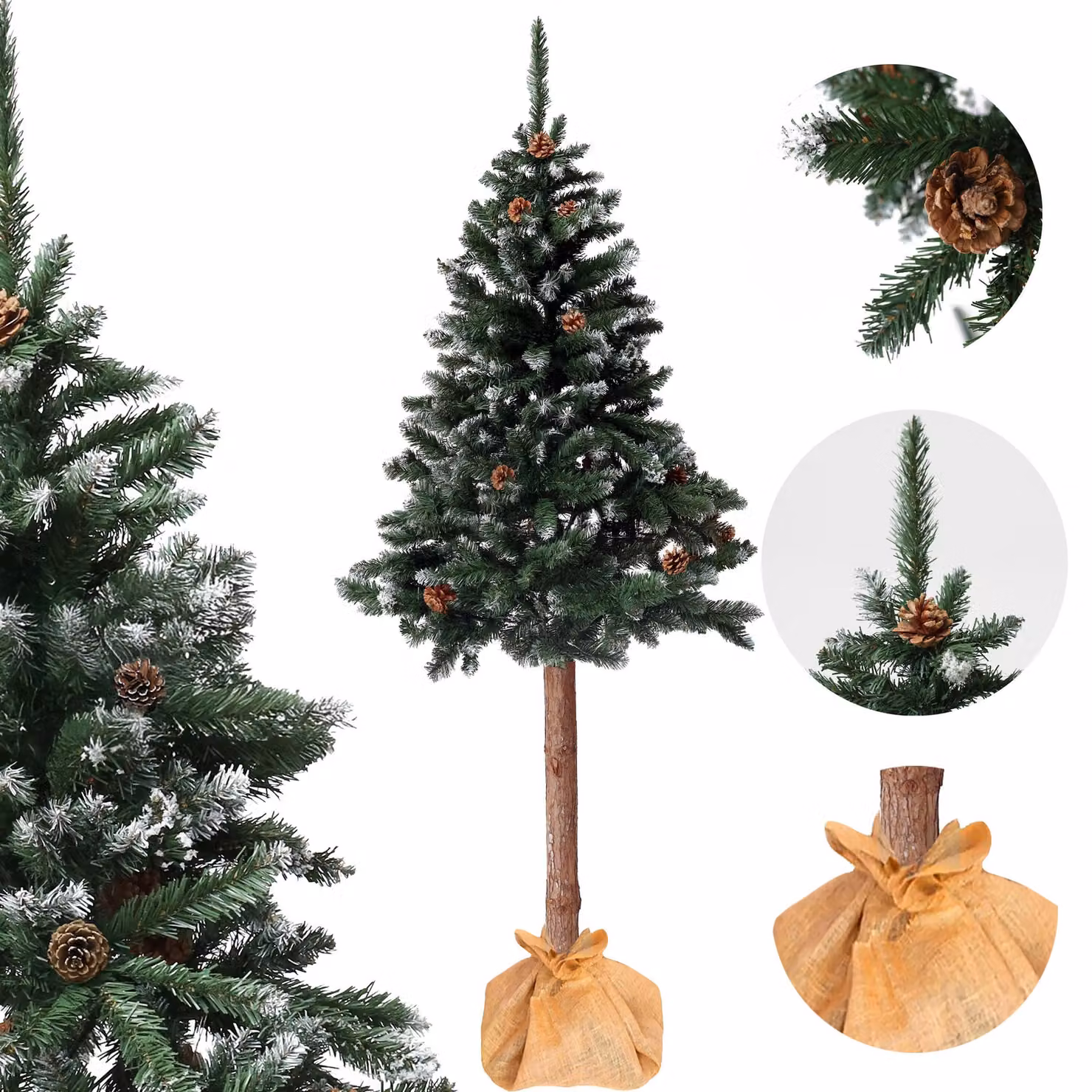 Albero di Natale artificiale su tronco 180 cm pino diamante con pigne di neve