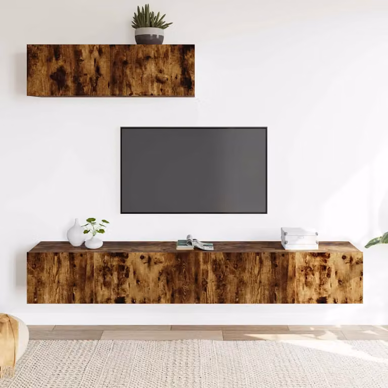 Set Mobili Porta TV 3 Pezzi vidaXL in Legno Multistrato Colore Rovere Fumo