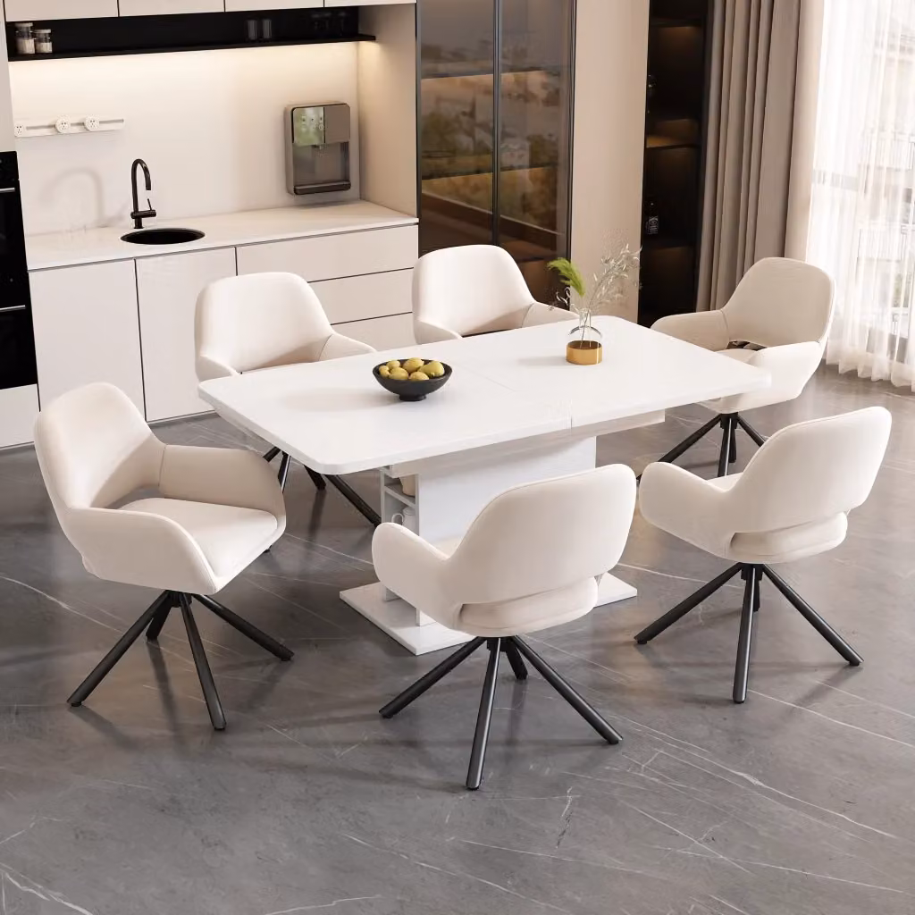Set tavolo da pranzo rettangolare estensibile Mivray con 6 sedie in velluto beige e bianco e vano contenitore