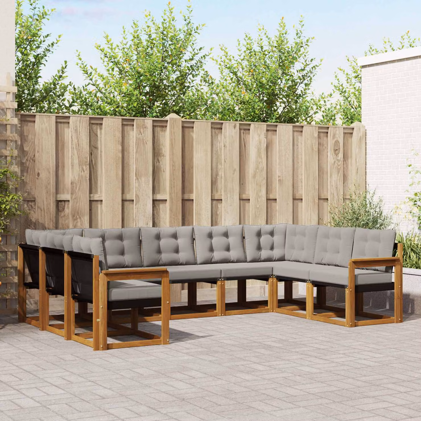 vidaXL Set di divani da esterno 9 pz a forma di U in legno di acacia con cuscini grigi e marroni