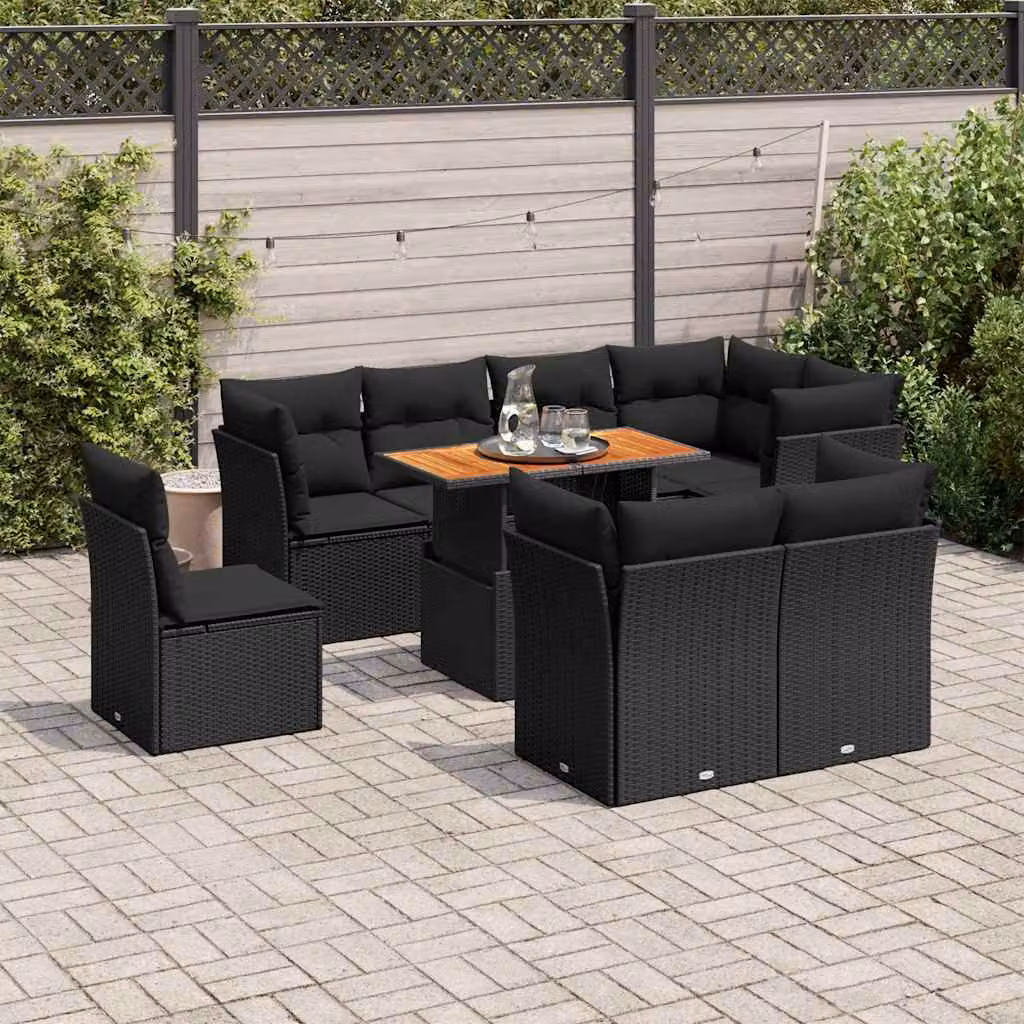 Set di divani da giardino vidaXL in polyrattan nero con cuscini, tavolino e struttura a L per esterno