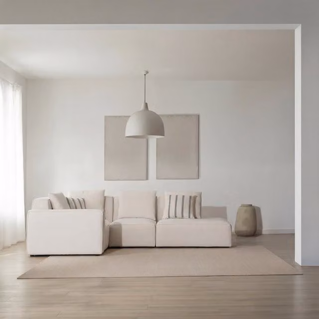Divano angolare modulare Trevi Banak a 4 posti con lato destro aperto, color beige, rivestimento in tessuto