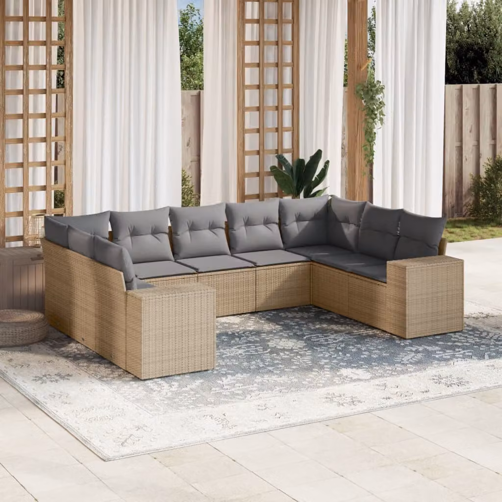 vidaXL Set Divano da Giardino 9 pz in Polyrattan con Cuscini Beige e Grigio e Struttura in Acciaio – 1