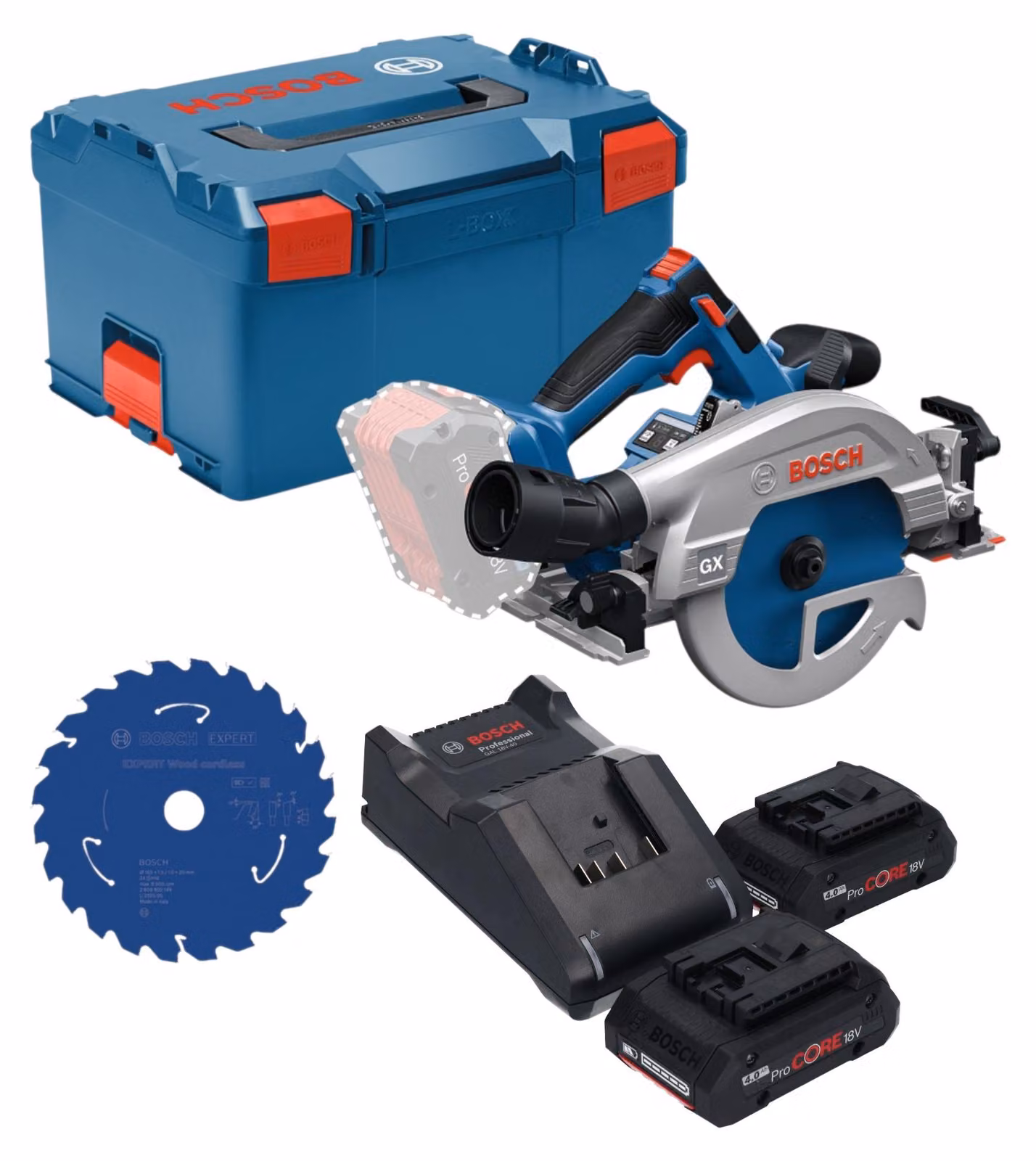 Sega circolare a batteria Bosch GKS 18V-57-2 GX Professional 18 V 165 mm Brushless + 2 batterie ProCORE da 4,0 Ah + caricabatterie + L-Boxx