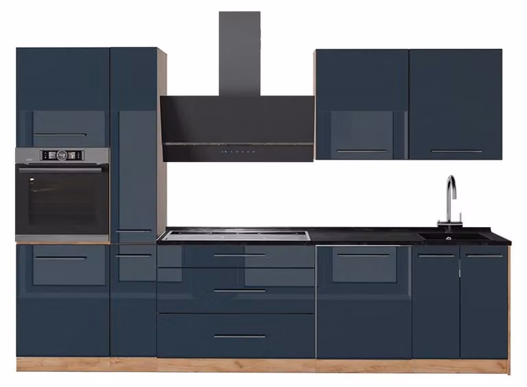 Cucina componibile Vicco Fame-Line Blu scuro lucido/Rovere dorato 310 cm, PL Antracite, Model 65743
