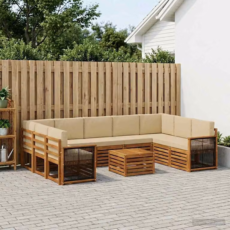 Set di divani da esterno vidaXL in legno di acacia con cuscini e tavolino, composizione a L, colore beige e marrone