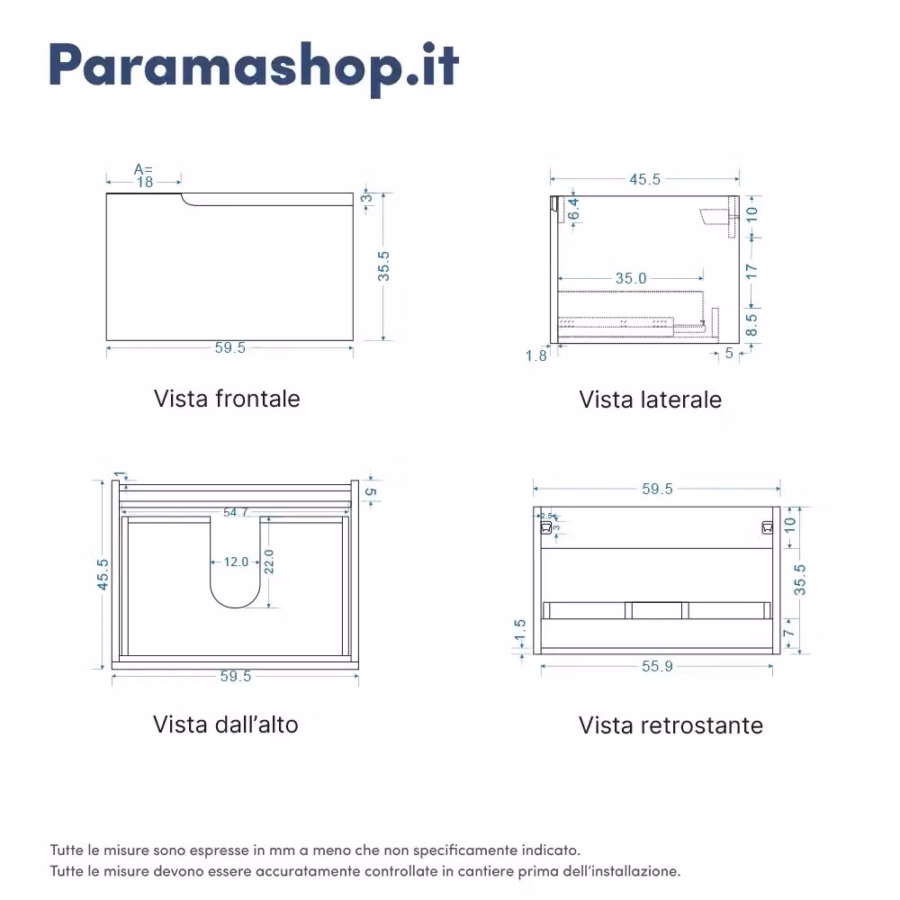 Mobile bagno sospeso Parama Moor con un cassetto, colore blu carta da zucchero, larghezza: 60 cm – 2