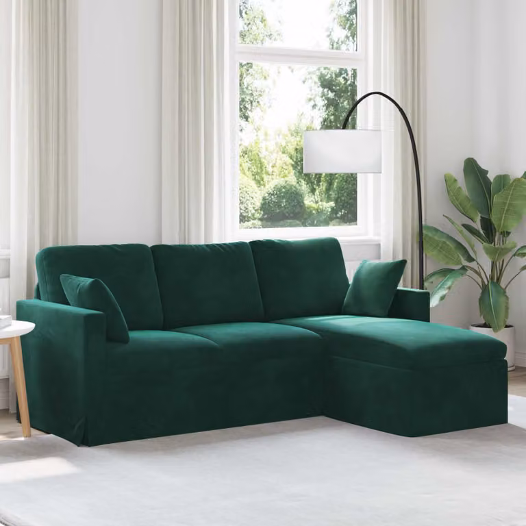 Divano angolare L-shape vidaXL in velluto verde con cuscini inclusi e coperture rimovibili L/P/H: 198 x 134 x 80 cm