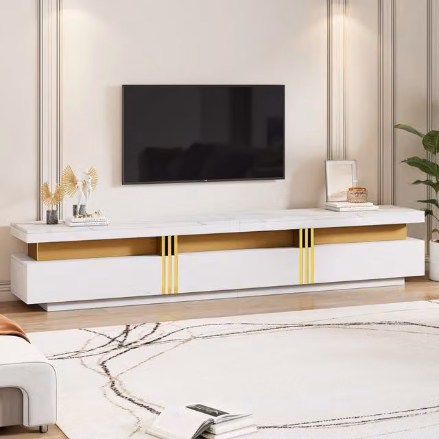 Mobile TV moderno 200x40x42 cm, effetto marmo, per TV fino a 90", con 3 cassetti e gestione cavi