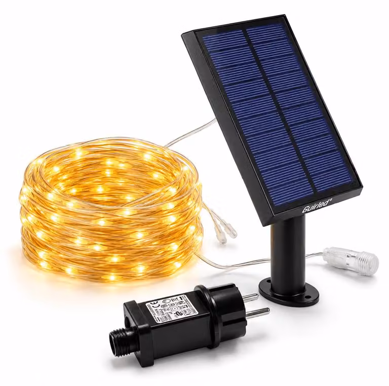 Catena luminosa a LED mini, 200 LED, 20 metri, grado di protezione IP55, alimentazione solare, luce bianco caldo