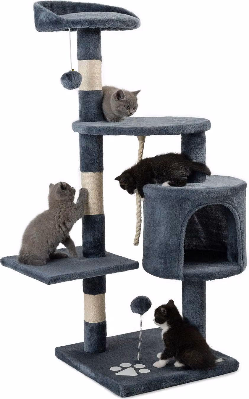 tiragraffi lionto per gatti alto 112 cm, con grotta, corda in sisal, palline di peluche e supporto a parete, albero da arrampicata compatto, grigio scuro
