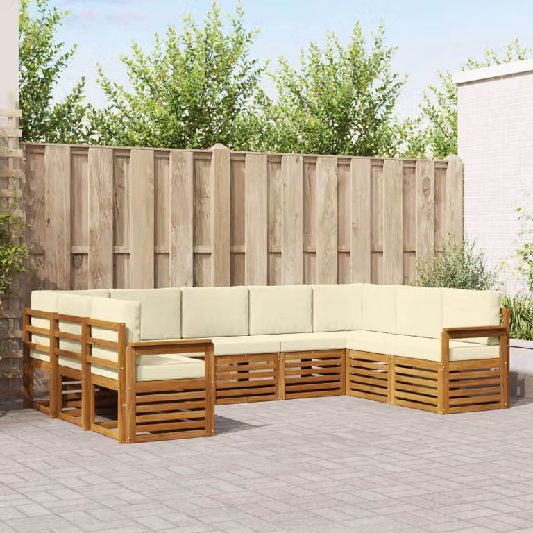 vidaXL Set di divani da esterno a L in legno di acacia con cuscini, 9 pezzi, Beige, Bianco e Marrone