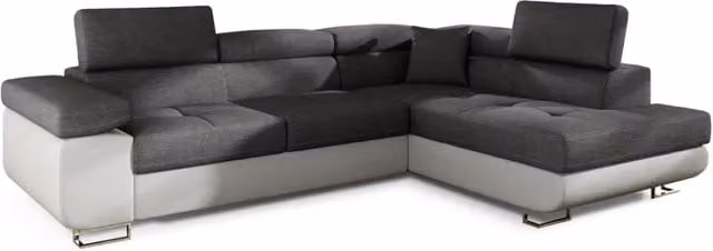 Divano angolare trasformabile MEUBLORAMA grigio e bianco con funzione letto, poggiatesta regolabile e contenitore, L/P/H: 272 x 145 x 85 cm