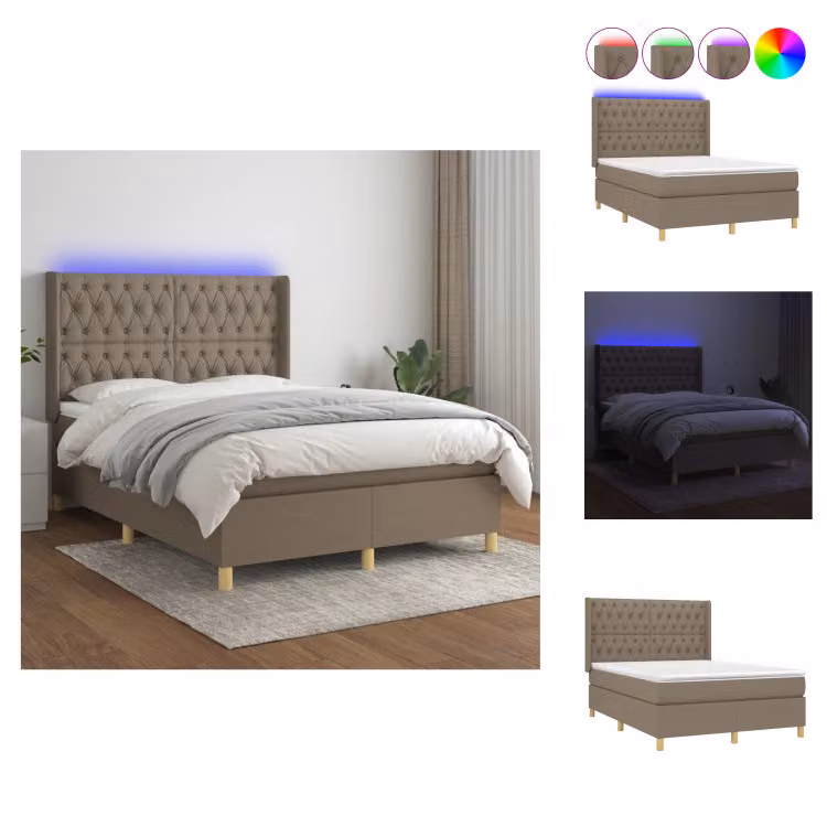 vidaXL Letto a molle con materasso e tessuto LED Taupe 140x190 cm - Letti & strutture letto