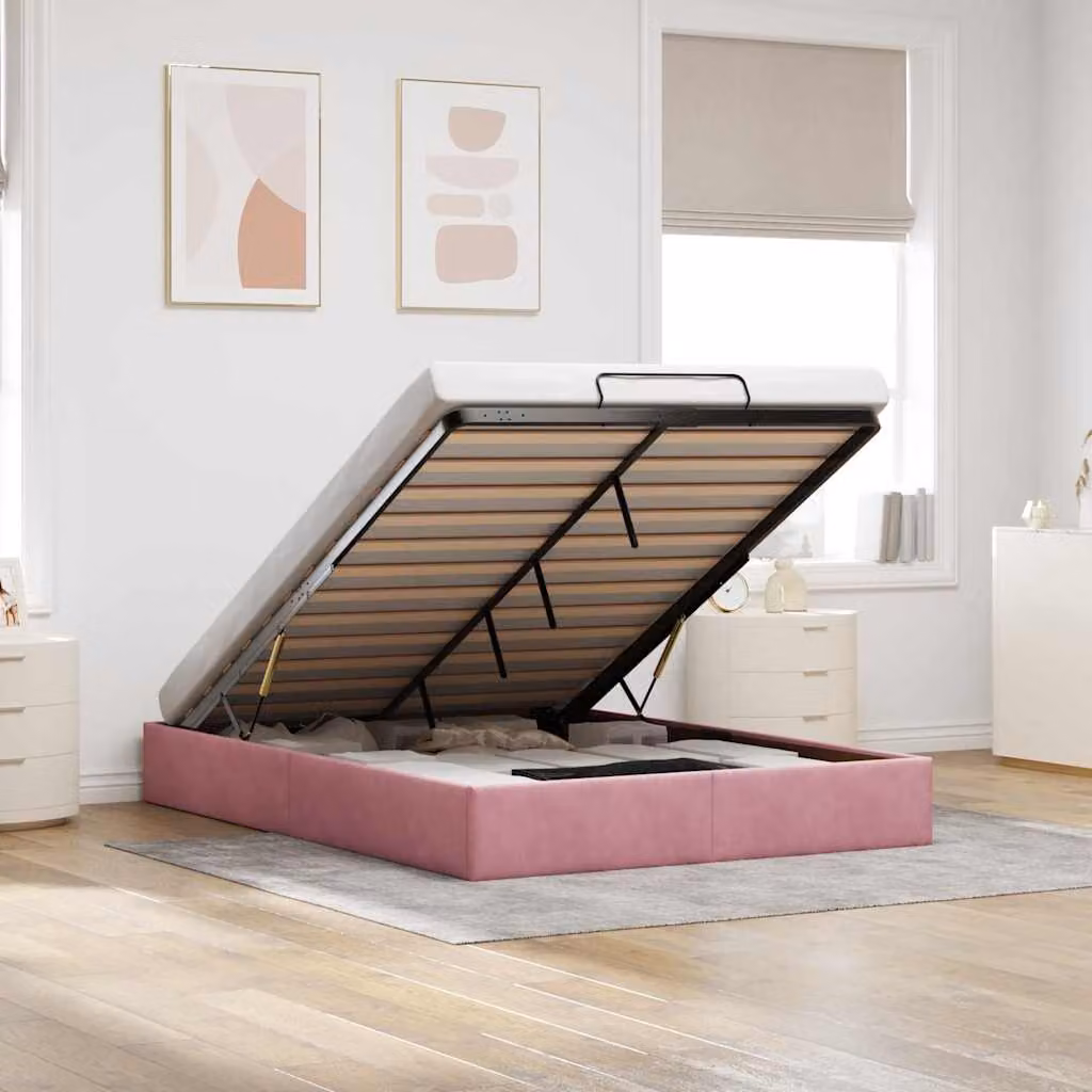 vidaXL Struttura Letto con Contenitore a Sollevamento in Velluto Rosa L: 140 cm, P: 190 cm, H: 28 cm