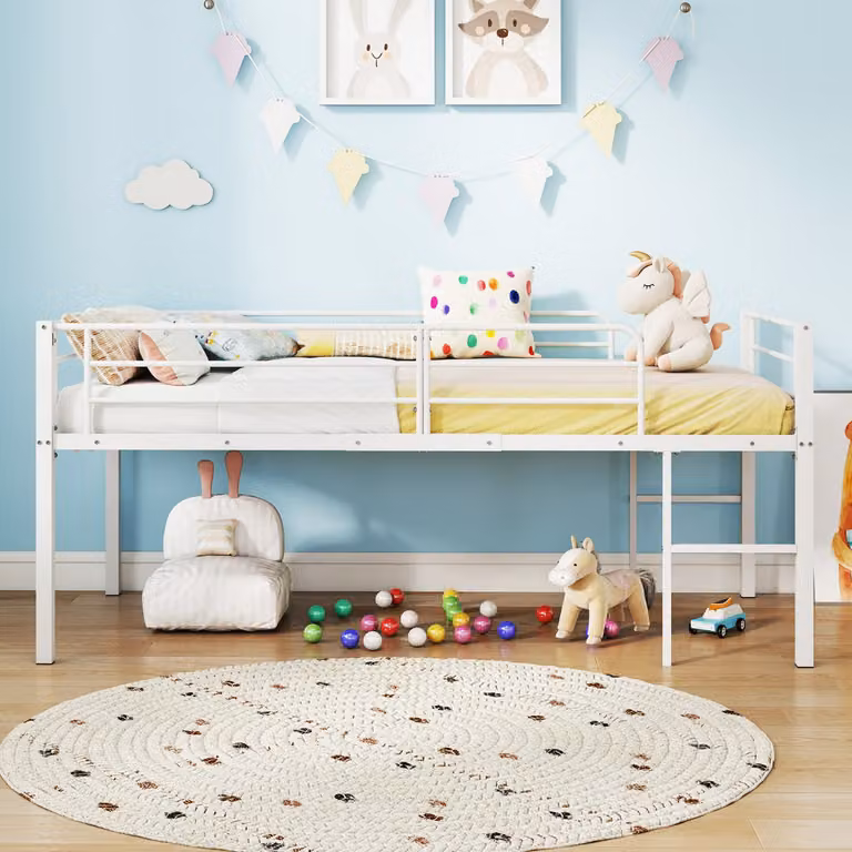 Costway Letto a soppalco singolo per ragazzi in metallo con sponde di sicurezza e 2 scale, Bianco, 90x190 cm