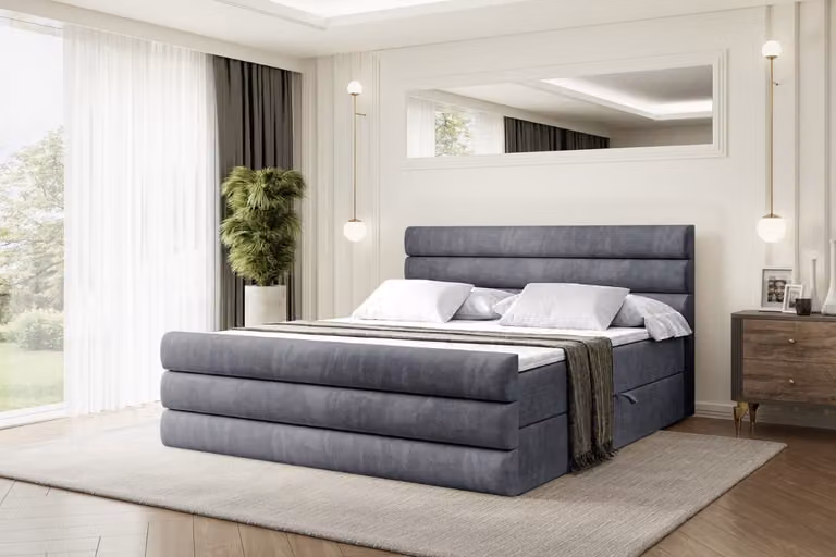 Letto boxspring ALTDECOR con pediera, materasso H4 e topper - 200x200 cm - CELESTIA-Z - Velluto grigio scuro - Letto imbottito con contenitore e rete a doghe, letto con spazio contenitivo