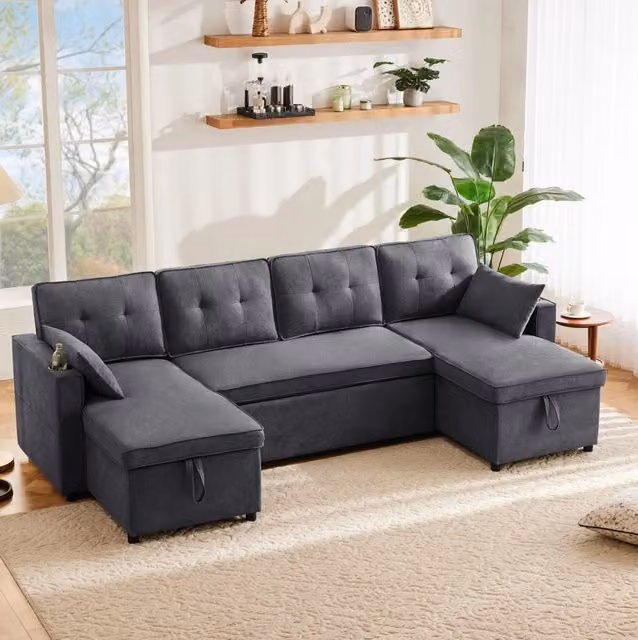 Divano letto angolare a U con contenitore; 270x130x86 cm; grigio