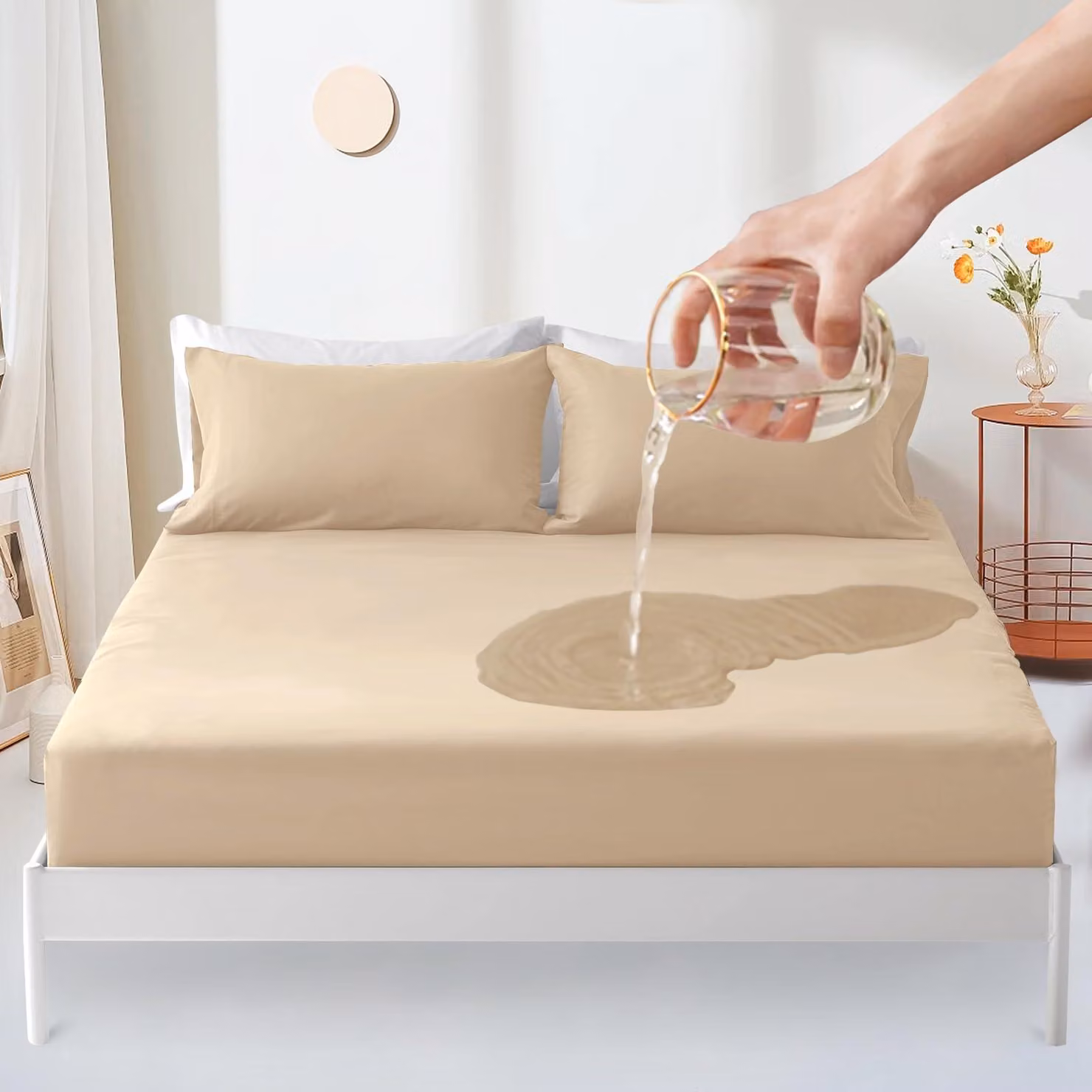 Coprimaterasso impermeabile, 135x190 cm, per letto matrimoniale, color beige chiaro