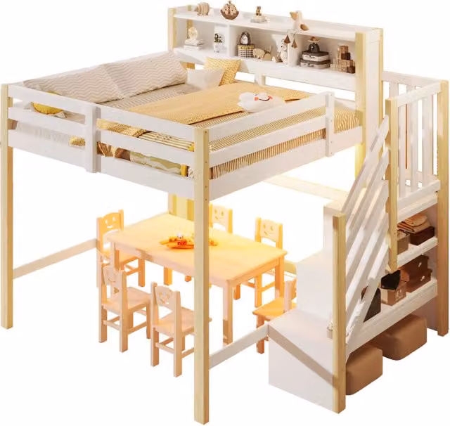 Letto a soppalco REDOM per bambini in stile scandinavo con scala contenitore, illuminazione LED e vani laterali, Bianco e Beige, L/P/H: 253 x 140 x 175 cm