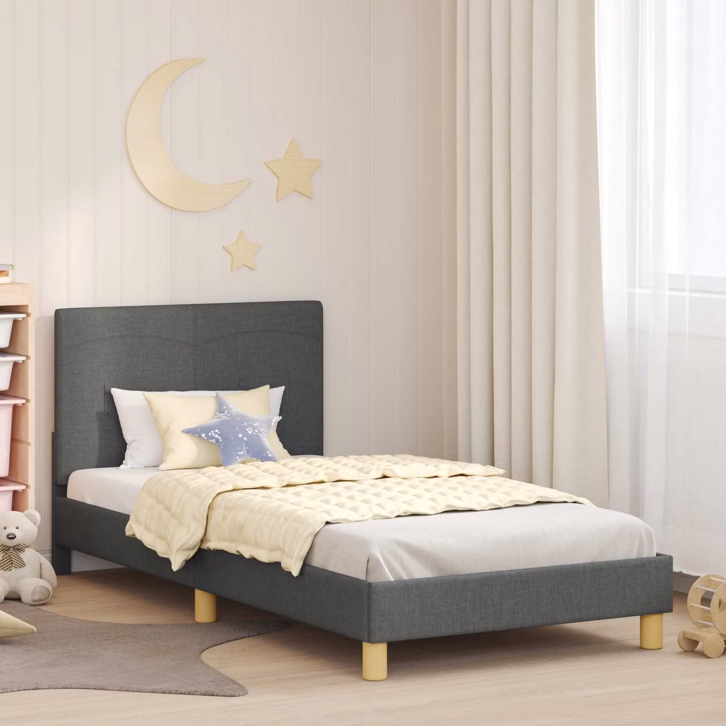 vidaXL Struttura letto per bambini con testata imbottita e ripiani laterali, Grigio, L/P/H: 200 x 90 x 140 cm